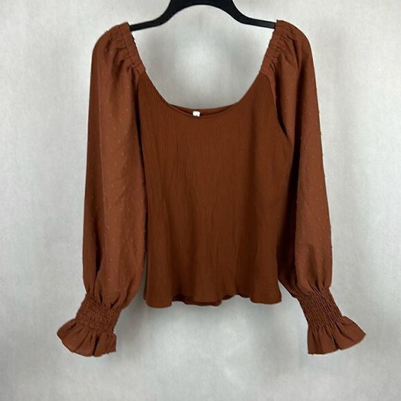 NWT ePretty Off Shoulder Ribbed Top Sz L Brown Stretch Long Sleeve Ruffled Cuff - Picture 2 of 8